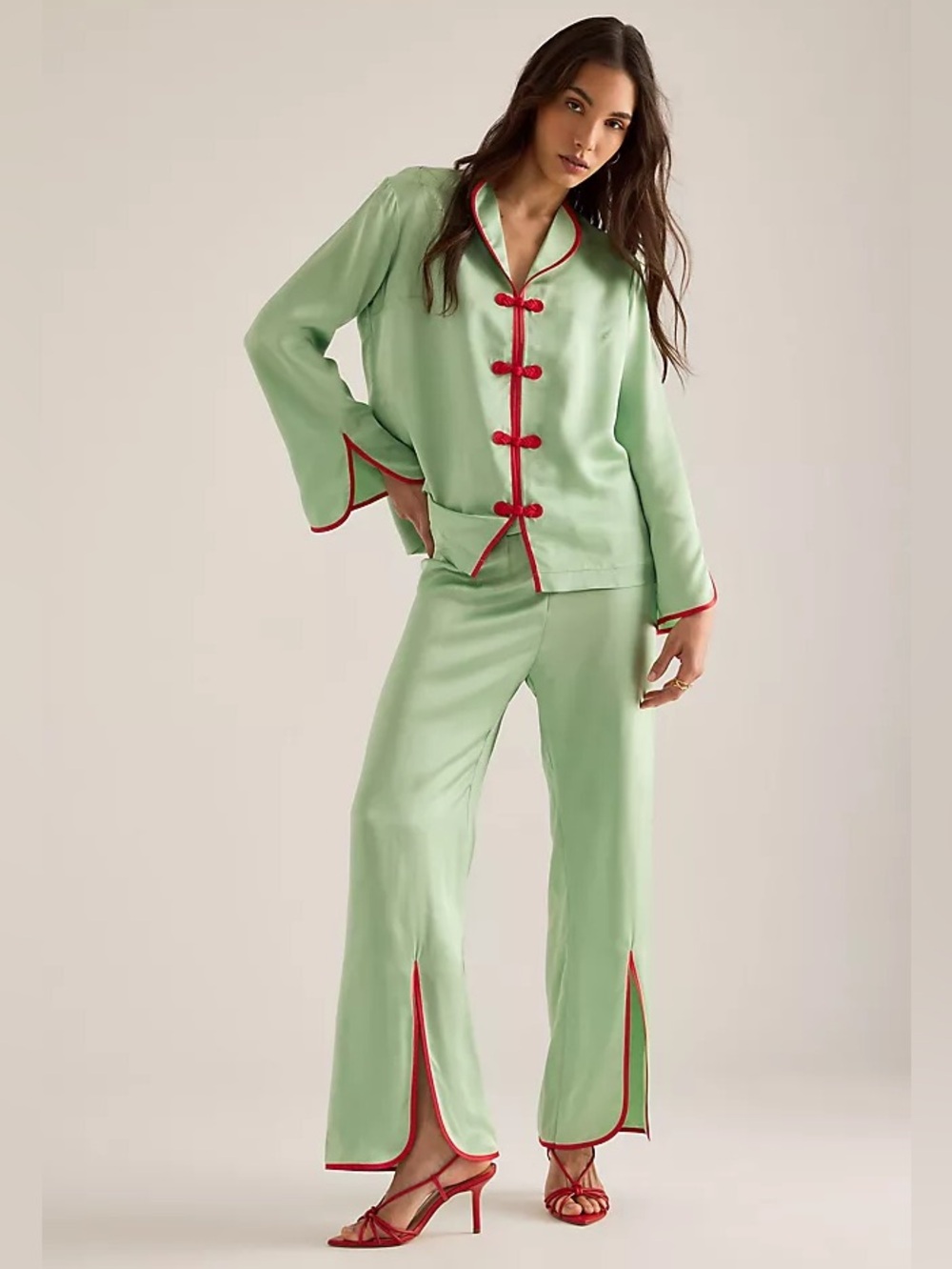 Sleeper Louis Chinoiserie Contrast Ensemble in Green and Red